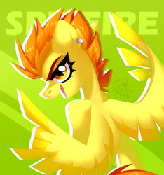 Size: 3000x3200 | Tagged: safe, artist:rtootb, imported from derpibooru, spitfire, pegasus, pony, bust, cute, digital art, ear piercing, eyeshadow, feather, female, g4, green background, looking at you, makeup, mare, open mouth, orange eyes, orange mane, piercing, portrait, rock on, simple background, smiling, smiling at you, solo, spread wings, text, tomboy, wing hands, wings, younger