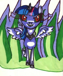 Size: 1024x1229 | Tagged: safe, artist:carlymoon, imported from derpibooru, twilight sparkle, alicorn, pony, clothes, corrupted, corrupted twilight sparkle, dark magic, fire, jewelry, magic, marker drawing, peytral, shoes, solo, sombra eyes, tiara, traditional art, twilight sparkle (alicorn)