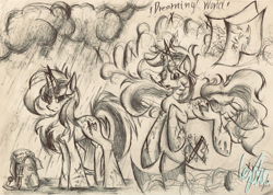 Size: 3098x2203 | Tagged: safe, artist:lydia, imported from derpibooru, oc, oc:painting broken, cloud, cloudy, dream, magic, paper, pencil, pencil drawing, rain, standing, traditional art, wet, wet mane