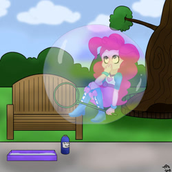 Size: 894x894 | Tagged: safe, artist:super4geek, imported from derpibooru, pinkie pie, human, equestria girls, bubble, bubble solution, bubble wand, female, in bubble, pinkie being pinkie, soap bubble, solo