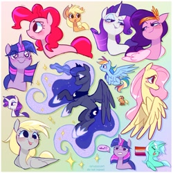 Size: 2500x2500 | Tagged: safe, artist:syrupyyy, imported from derpibooru, applejack, derpy hooves, fluttershy, lyra heartstrings, pinkie pie, pipp petals, princess luna, rainbow dash, rarity, twilight sparkle, alicorn, earth pony, pegasus, pony, unicorn, art dump, blushing, concave belly, crown, cute, derp, eye clipping through hair, eyes closed, eyes open, female, flag, folded wings, g5, glowing, glowing horn, gradient background, high res, hoof shoes, horn, jewelry, lesbian, lesbian pride flag, lidded eyes, looking at each other, looking at someone, mane six, mare, open mouth, open smile, partially open wings, pipp and her heroine, pride, pride flag, princess shoes, regalia, signature, slim, smiling, sparkles, spread wings, tail, twiabetes, twilight sparkle (alicorn), want, wings
