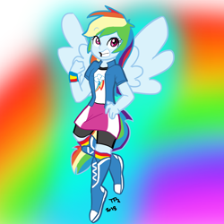 Size: 1000x1000 | Tagged: safe, artist:super4geek, imported from derpibooru, rainbow dash, human, equestria girls, female, gradient background, humanized, ponied up, rainbow background, solo, tail, tailed humanization, winged humanization, wings