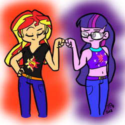 Size: 1000x1000 | Tagged: safe, artist:super4geek, imported from derpibooru, sci-twi, sunset shimmer, twilight sparkle, equestria girls, abstract background, duo, duo female, female, fist bump, lesbian, scitwishimmer, shipping, sunsetsparkle