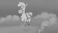 Size: 1920x1080 | Tagged: safe, artist:hitsuji, imported from derpibooru, them's fightin' herds, basket, cloven hooves, community related, grayscale, happy, jumping, monochrome, mouth hold, paprika (tfh), picnic basket
