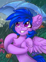 Size: 1200x1600 | Tagged: safe, artist:falafeljake, imported from derpibooru, oc, oc only, pegasus, pony, chest fluff, commission, cute, ear fluff, eye clipping through hair, eyebrows, eyebrows visible through hair, flower, grin, ocbetes, pegasus oc, rain, smiling, solo, spread wings, umbrella, wings, ych result