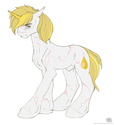 Size: 1543x1684 | Tagged: safe, artist:11-shadow, imported from derpibooru, oc, oc only, oc:goldenblood, pony, unicorn, fallout equestria, fallout equestria: project horizons, fanfic art, male, nudity, scar, sheath, simple background, solo, stallion, transparent background