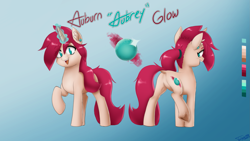 Size: 2795x1573 | Tagged: safe, artist:twigpaste, imported from derpibooru, oc, oc only, oc:aubrey glow, pony, unicorn, dock, ear piercing, featureless crotch, glowing, glowing horn, gradient background, horn, piercing, ponytail, solo, tail, unicorn oc