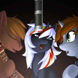 Size: 1280x1280 | Tagged: safe, artist:didj, imported from derpibooru, oc, oc only, oc:calamity, oc:littlepip, oc:velvet remedy, pegasus, pony, unicorn, fallout equestria, guitar, microphone, musical instrument, playing instrument, singing