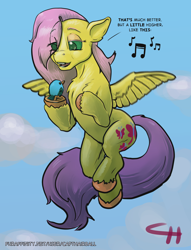 Size: 1524x2000 | Tagged: safe, artist:capt_hairball, imported from derpibooru, fluttershy, bird, pegasus, alternate cutie mark, belly, butt, chest fluff, colored pupils, cute, dialogue, female, hooves, looking at each other, looking at someone, plot, shyabetes, sky, solo, spread wings, tail, unshorn fetlocks, wings
