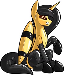 Size: 1691x1980 | Tagged: safe, artist:fv0003, imported from derpibooru, oc, oc only, alicorn, pony, bodysuit, clothes, gas mask, latex, latex suit, mask, rubber drone, simple background, solo, white background