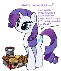 Size: 643x750 | Tagged: safe, artist:muffinz, imported from derpibooru, rarity, chicken, pony, unicorn, dialogue, food, guitar hero, kfc, simple background, solo, white background