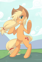Size: 700x1033 | Tagged: safe, artist:jinzhan, imported from derpibooru, applejack, earth pony, pony, bipedal, grass, looking at you, one eye closed, rearing, sky, solo, wink, winking at you