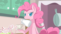 Size: 1000x563 | Tagged: safe, artist:jinzhan, imported from derpibooru, pinkie pie, earth pony, pony, angry, candy, cup, food, lollipop, scowl, solo, sugarcube corner, teacup