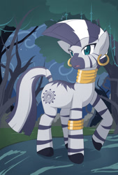 Size: 700x1033 | Tagged: safe, artist:jinzhan, imported from derpibooru, zecora, zebra, cloud, cloudy, forest, night, solo, walking