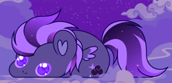 Size: 2187x1057 | Tagged: safe, artist:vi45, imported from derpibooru, oc, oc only, oc:shadow galaxy, pegasus, pony, adorable face, bean, c:, cloud, commission, cute, ethereal mane, female, looking at you, mare, night, night sky, sky, small wings, smiling, smol, solo, staring into your soul, starry mane, starry tail, stars, tail, wings