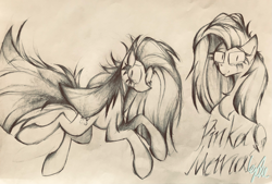 Size: 3273x2213 | Tagged: safe, artist:lydia, imported from derpibooru, pinkie pie, balloon, long mane, looking at you, pencil drawing, pinkamena diane pie, sad, sketch, traditional art
