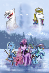 Size: 968x1441 | Tagged: safe, artist:kutakoru, imported from derpibooru, gilda, prince blueblood, rainbow dash, spike, trixie, twilight sparkle, dragon, griffon, pegasus, pony, unicorn, 2012, alternate universe, crossover, fanfic art, final fantasy, final fantasy vi, snow, sword, team, unicorn twilight, weapon