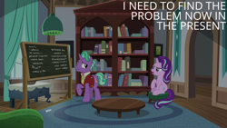 Size: 2000x1125 | Tagged: safe, edit, edited screencap, editor:quoterific, imported from derpibooru, screencap, firelight, starlight glimmer, pony, unicorn, the parent map, book, bookshelf, chalkboard, duo, duo male and female, father and child, father and daughter, female, male, mare, open mouth, raised hoof, sitting, smiling, stallion, starlight glimmer is not amused, stool, table, unamused