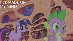 Size: 2000x1125 | Tagged: safe, edit, edited screencap, editor:quoterific, imported from derpibooru, screencap, spike, twilight sparkle, dragon, pony, unicorn, the ticket master, book, bookshelf, duo, duo male and female, fangs, female, flower, golden oaks library, male, mare, scroll, smiling, unicorn twilight