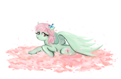 Size: 1542x1000 | Tagged: safe, artist:kutakoru, imported from derpibooru, oc, oc only, butterfly, pegasus, pony, petals, resting, simple background, solo, staring at you, white background