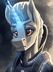 Size: 3120x4200 | Tagged: safe, artist:stardustspix, imported from derpibooru, oc, oc only, oc:snow grain, pony, unicorn, equestria at war mod, armor, bust, colored eyebrows, colored eyelashes, high res, magic, magic aura, male, orange eyes, portrait, runes, solo, stallion, sternocleidomastoid