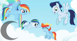 Size: 1225x652 | Tagged: safe, artist:pastelnightyt, imported from derpibooru, rainbow dash, soarin', oc, oc:prism bolt, oc:rainbow storm, pegasus, pony, colt, female, filly, flying, foal, male, mare, offspring, parent:rainbow dash, parent:soarin', parents:soarindash, shipping, soarindash, stallion, straight