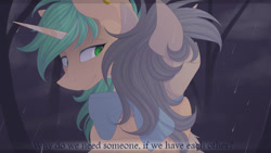 Size: 1000x563 | Tagged: safe, artist:mrgdog, imported from derpibooru, oc, oc only, pony, unicorn, cloud, cloudy, couple, forest, rain, ribbon, romance, subtitles
