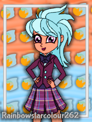 Size: 768x1024 | Tagged: safe, artist:rainbowstarcolour262, imported from derpibooru, part of a set, frosty orange, human, series:equ wallpapers, equestria girls, friendship games, abstract background, background human, bowtie, clothes, crystal prep academy uniform, crystal prep shadowbolts, cute, cutie mark background, female, hand on hip, happy, open mouth, part of a series, plaid skirt, pleated skirt, school uniform, shirt, signature, skirt, smiling, solo