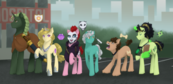 Size: 4453x2176 | Tagged: safe, artist:mylittlesheepy, imported from derpibooru, oc, oc only, earth pony, pony, unicorn, behaving like a dog, city, pipbuck, road, sword, weapon