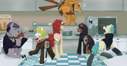 Size: 4802x2519 | Tagged: safe, artist:mylittlesheepy, imported from derpibooru, oc, oc only, diamond dog, earth pony, pegasus, pony, cooking, cute, fan, kitchen, musical instrument, sleeping, smiling, violin