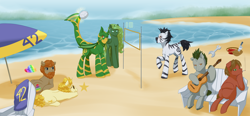 Size: 4688x2169 | Tagged: safe, artist:mylittlesheepy, imported from derpibooru, oc, oc only, alicorn, earth pony, pony, zebra, beach, couple, musical instrument, ocean, sand, sports, sun, unknown species, violin, volleyball, volleyball net, water