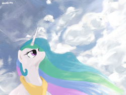Size: 4000x3000 | Tagged: safe, artist:widelake, imported from derpibooru, princess celestia, alicorn, cloud, cloudy, looking up, oil painting, solo, traditional art