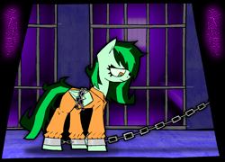 Size: 2454x1766 | Tagged: safe, artist:xxv4mp_g4z3rxx, imported from derpibooru, oc, oc:eden shallowleaf, pegasus, pony, chains, clothes, female, jail cell, mare, never doubt rainbowdash69's involvement, prison outfit, signature, solo, tail, two toned mane, two toned tail