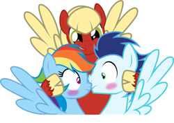 Size: 1059x754 | Tagged: safe, artist:the-nuclear-pegasus, imported from derpibooru, rainbow dash, soarin', oc, pegasus, pony, blushing, female, male, mare, now kiss, shipper on deck, shipping, simple background, soarindash, stallion, straight, white background