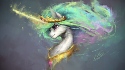 Size: 3840x2160 | Tagged: safe, artist:xyq, imported from derpibooru, princess celestia, alicorn, pony, beautiful, bust, female, glowing, glowing horn, horn, jewelry, mare, regalia, smiling, solo