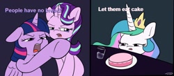 Size: 1280x564 | Tagged: safe, artist:taurson, edit, editor:fluttershyisnot adoormat, imported from derpibooru, princess celestia, starlight glimmer, twilight sparkle, alicorn, pony, unicorn, angry, bad edit, cake, cakelestia, female, floppy ears, food, glass of water, history, jewelry, mare, marie antoinette, meme, open mouth, plate, regalia, this will end in death, this will end in tears, this will end in tears and/or death, this will not end well, twilight sparkle (alicorn), woman yelling at a cat