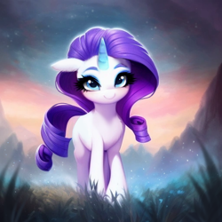 Size: 512x512 | Tagged: safe, imported from derpibooru, rarity, pony, unicorn, ai assisted, ai content, ai generated, beautiful eyes, big eyes, blue eyes, blushing, cute, ear fluff, flower, fluffy, forest, generator:purplesmart.ai, generator:stable diffusion, grass, magic, prompter:saltyvity, purple hair, sky, solo, sparkles, sunset