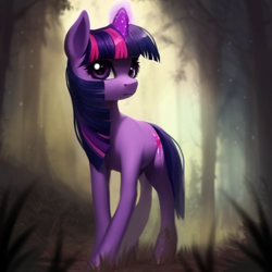 Size: 512x512 | Tagged: safe, imported from derpibooru, twilight sparkle, pony, unicorn, ai assisted, ai content, ai generated, big eyes, blue hair, cute, fantasy, fluffy, forest, generator:purplesmart.ai, generator:stable diffusion, grass, magic, prompter:saltyvity, purple eyes, solo, tree