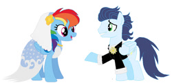 Size: 890x432 | Tagged: safe, artist:glittertiara, imported from derpibooru, rainbow dash, soarin', pegasus, pony, bride, clothes, dress, female, groom, male, mare, marriage, shipping, simple background, soarindash, stallion, straight, tuxedo, white background