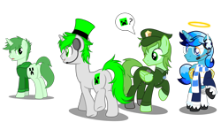 Size: 7862x4354 | Tagged: safe, artist:equestria secret guard, imported from derpibooru, oc, oc only, oc:nihaicreeper, oc:pilek, oc:radiant windstar, oc:路人马, alicorn, pegasus, pony, unicorn, alicorn oc, bandage, broken glass, butt, clothes, creeper, dog tags, duo, front view, glasses, greeting, hat, headphones, horn, looking back, male, pegasus oc, plot, rear view, simple background, smiling, stallion, top hat, transparent background, unicorn oc, uniform, walking, wings