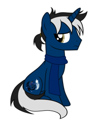 Size: 4290x5246 | Tagged: safe, artist:equestria secret guard, imported from derpibooru, oc, oc only, oc:dark galaxy, pony, unicorn, braid, clothes, horn, looking back, male, simple background, sitting, solo, stallion, transparent background, unicorn oc