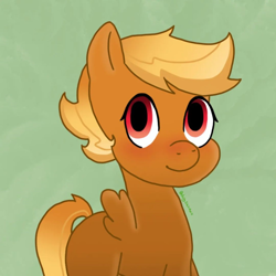 Size: 1080x1080 | Tagged: safe, artist:daily.shitfuck, imported from derpibooru, pegasus, pony, blonde, female, filly, foal, green background, looking at you, red eyes, signature, simple background, small wings, swift reply, wings