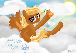 Size: 1080x754 | Tagged: safe, artist:whoiskay17, imported from derpibooru, pegasus, pony, blonde, cloud, female, forced meme, juice, juice box, looking at you, lying down, mare, red eyes, shitfuck meme, signature, sky, spread wings, sun, swift reply, vulgar, wings