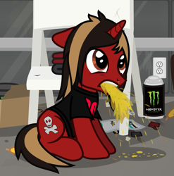 Size: 1151x1167 | Tagged: safe, artist:lightningbolt, derpibooru exclusive, imported from derpibooru, pony, unicorn, .svg available, all time low, chair, clothes, couch, dyed mane, dyed tail, ears back, folding chair, horn, indoors, jack barakat, male, outlet, ponified, shirt, show accurate, sitting, solo, stallion, svg, t-shirt, tail, vector, vomit, vomiting