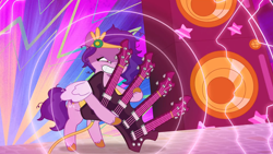 Size: 1920x1080 | Tagged: safe, imported from derpibooru, screencap, pipp petals, pegasus, pony, leak, spoiler:g5, spoiler:my little pony: tell your tale, spoiler:tyts01e53, bass guitar, bipedal, diadem, electric guitar, evil grin, female, g5, grin, guitar, headband, heavy metal pipp, jewelry, lightning, mare, messy mane, musical instrument, my little pony: tell your tale, pippamena, red eyes, red-eyed pipp, regalia, smiling, solo, speaker, stars, unshorn fetlocks