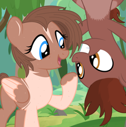 Size: 2000x2022 | Tagged: safe, artist:ghostpikachu, imported from derpibooru, oc, oc only, oc:autumn rosewood, oc:clara, pegasus, pony, base used, colored wings, cute, duo, female, forest, laughing, male, mare, ocbetes, outdoors, pegasus oc, smiling, stallion, two toned coat, two toned wings, upside down, wings