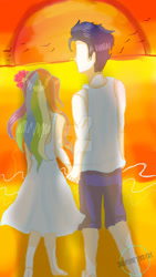 Size: 600x1067 | Tagged: safe, artist:sirdashieyandere, imported from derpibooru, rainbow dash, soarin', human, beach, date, female, holding hands, humanized, male, romantic, shipping, soarindash, straight, sunset