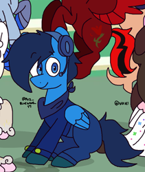 Size: 1169x1383 | Tagged: safe, artist:mercury may, imported from derpibooru, oc, oc only, oc:bluewing, pegasus, pony, blue coat, blue eyes, blue mane, boots, clothes, cropped, headphones, ponyville, shoes, wings