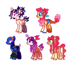 Size: 1280x1166 | Tagged: safe, artist:infectedorcas, imported from derpibooru, oc, oc only, oc:clam shell, oc:diamond ruff, oc:june bug, oc:prism dash, oc:veronica sparkle, alicorn, earth pony, hybrid, pegasus, pony, unicorn, alicorn oc, base used, choker, clothes, coat markings, colored wings, colored wingtips, earth pony oc, female, freckles, fronw, horn, interspecies offspring, jacket, magical lesbian spawn, mare, next generation, offspring, parent:applejack, parent:big macintosh, parent:flash sentry, parent:fluttershy, parent:pinkie pie, parent:princess skystar, parent:rainbow dash, parent:rarity, parent:soarin', parent:twilight sparkle, parents:flashlight, parents:fluttermac, parents:rarijack, parents:skypie, parents:soarindash, pegasus oc, simple background, smiling, socks (coat markings), stockings, thigh highs, transparent background, unicorn oc, unshorn fetlocks, wings