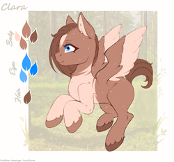 Size: 1831x1710 | Tagged: safe, artist:luciticio, imported from derpibooru, oc, oc only, oc:clara, pegasus, pony, colored wings, cute, female, flying, forest, mare, pegasus oc, reference sheet, solo, two toned coat, two toned wings, wings